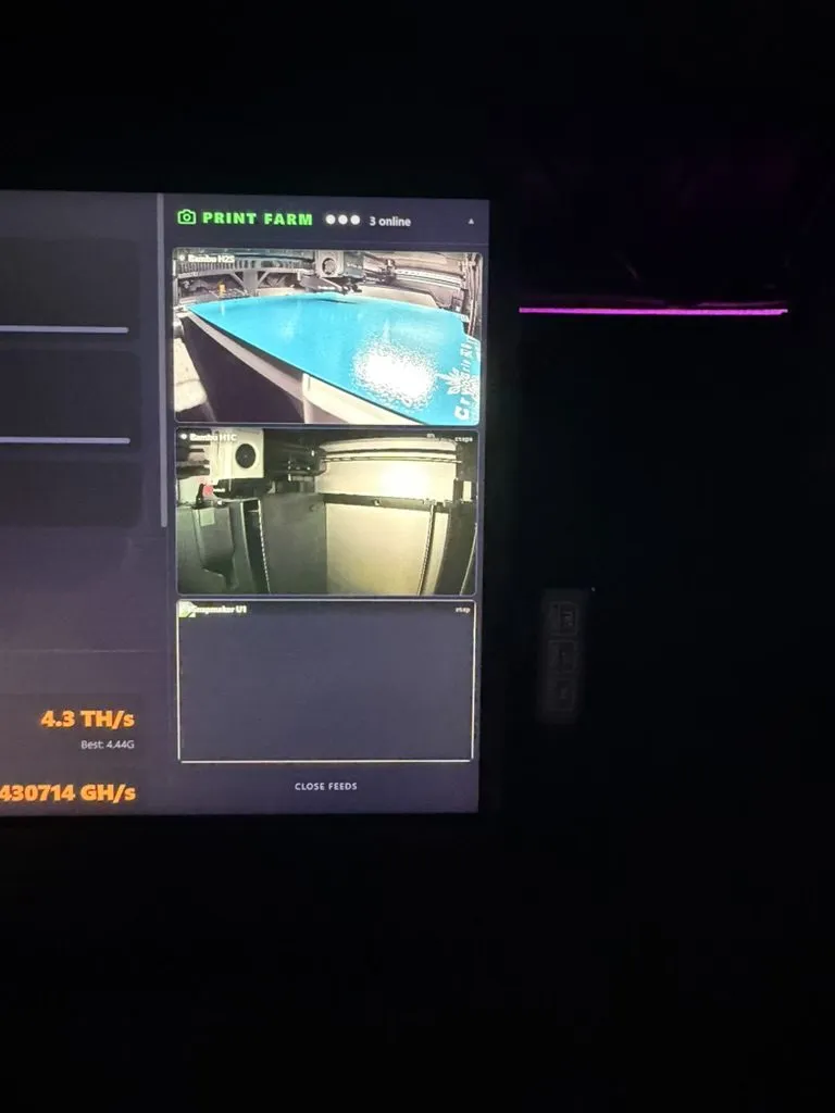 Print farm camera overlay showing live feeds from three printers via go2rtc proxy, with mining stats visible underneath
