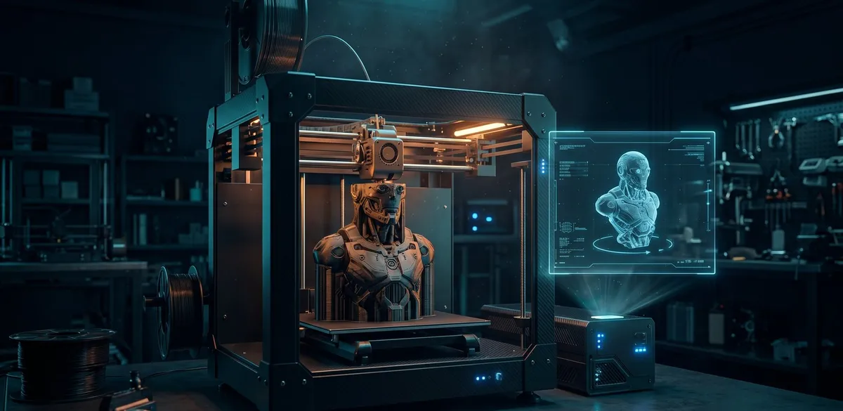 A 3D printer producing a robot bust beside a holographic model, representing voice-driven fabrication