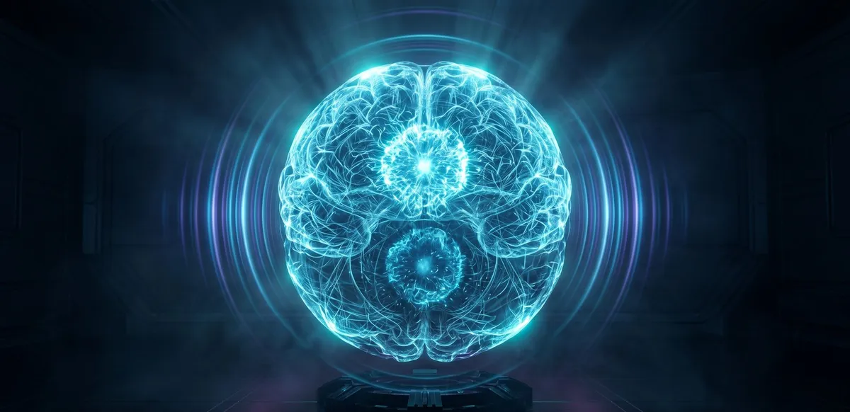 A glowing two-core AI brain orb representing the local language models that power Jarvis