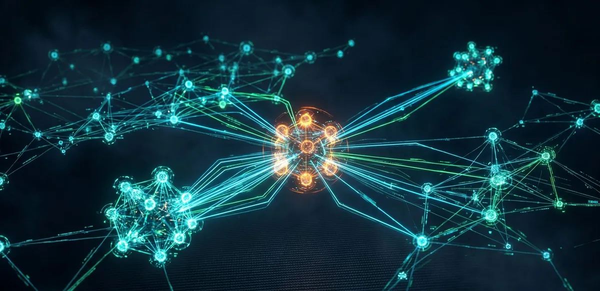 A distributed network of glowing nodes with redundant clusters, representing disaster-recovery backups