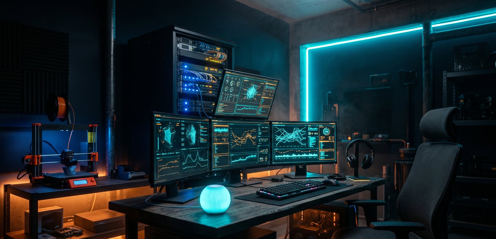 A dark home-lab command center: multiple glowing dashboards, a server rack, a 3D printer, and a cyan voice-assistant orb